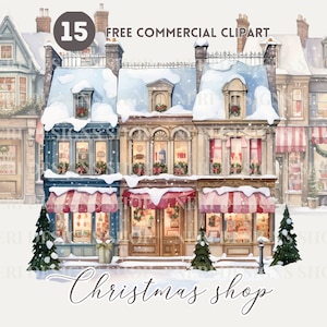 Christmas shop in town watercolor clipart bundle, holiday shopping free commercial png Christmas Townscape illustration, seasonal shop scene
