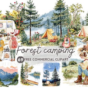 Acampamento na floresta em aquarela clipart, Cena de piquenique na montanha PNG comercial grátis, Acampamento noturno, Adesivo de campervan, Cena de barraca de riacho, Fogueira de acampamento