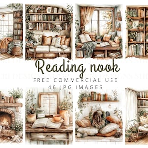 Clipart acquerello accogliente angolo lettura, Ragazza che legge JPG commerciale gratuito, Ragazzo amante dei libri, Scaffale per libri, Adesivo digitale, Grafica di lettura alla finestra