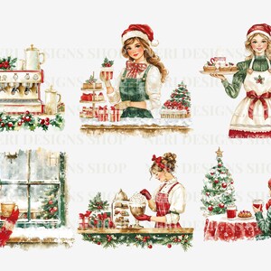 K&ouml;nnte beinhalten: Ein Set aus sechs digitalen Illustrationen von Weihnachtsszenen mit Frauen in roten und gr&uuml;nen Outfits, die Kaffee, Geb&auml;ck und hei&szlig;e Schokolade servieren. Die Szenen beinhalten eine Kaffeemaschine, einen Weihnachtsbaum, ein Fenster mit Schnee und einen Tisch mit einer roten Tischdecke.