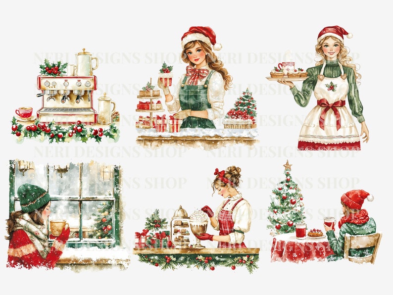 K&ouml;nnte beinhalten: Ein Set aus sechs digitalen Illustrationen von Weihnachtsszenen mit Frauen in roten und gr&uuml;nen Outfits, die Kaffee, Geb&auml;ck und hei&szlig;e Schokolade servieren. Die Szenen beinhalten eine Kaffeemaschine, einen Weihnachtsbaum, ein Fenster mit Schnee und einen Tisch mit einer roten Tischdecke.