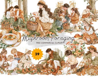 Fall Mushroom Foraging Clipart, Watercolor Autumn Woodland Illustrations with Woman, Kids, Pets and Mushroom Fairy