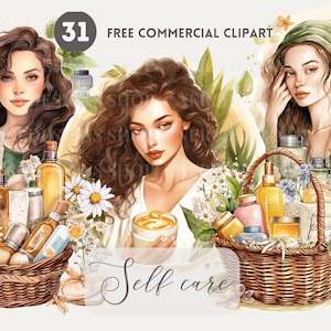 schoonheidsproducten en zelfzorgmand aquarel clipart, huidverzorging gratis commerciële PNG, cosmetische mandkunst, meisje met gezichtsmasker, badmand