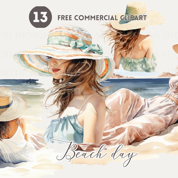Beach Lady Watercolor Clipart, Seaside Woman Free Commercial PNG, Seaside relax Illustration, Coastal bliss summer graphic