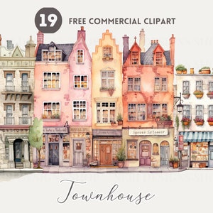 Townhouse aquarel clipart bundel, stadshuis gratis commerciële PNG, stadsleven illustratie, stadsgezicht afbeelding, Downtown Art