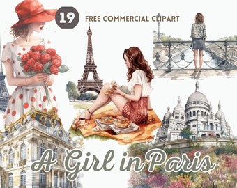 A girl in Paris Watercolor Clipart Bundle Free Commercial France PNG Clipart Downloadable Eiffel Tower Picnic Clipart French woman clipart