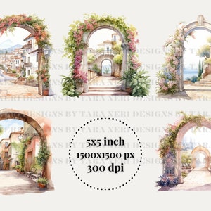 以下が含まれることがあります： 緑豊かな植物と花で飾られたアーチ型の入り口を描いた水彩画が4点。それぞれの入り口は、石畳の道、庭園、海の眺め、街の通りの異なる風景につながっています。