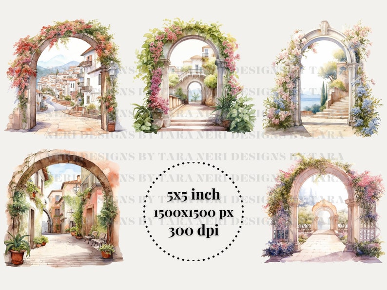 以下が含まれることがあります： 緑豊かな植物と花で飾られたアーチ型の入り口を描いた水彩画が4点。それぞれの入り口は、石畳の道、庭園、海の眺め、街の通りの異なる風景につながっています。