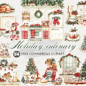 Kerstkeuken aquarel clipart, feestelijk tafellandschap gratis commerciële png, vakantie eten, winter bakken, keukenraam, kookscène