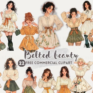 Retro Fashion Girl aquarel clipart, vintage stijl met riem, gratis commerciële png, minirok, klassieke jurk met riem, dame sticker voor planner