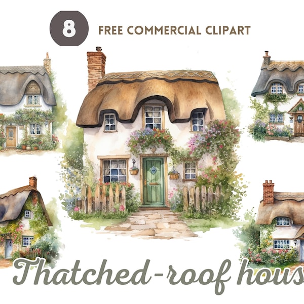 Cottagecore house Watercolor Clipart Bundle Free Commercial Rural housing PNG Clipart Thatched roof Downloadable clipart English Countryside