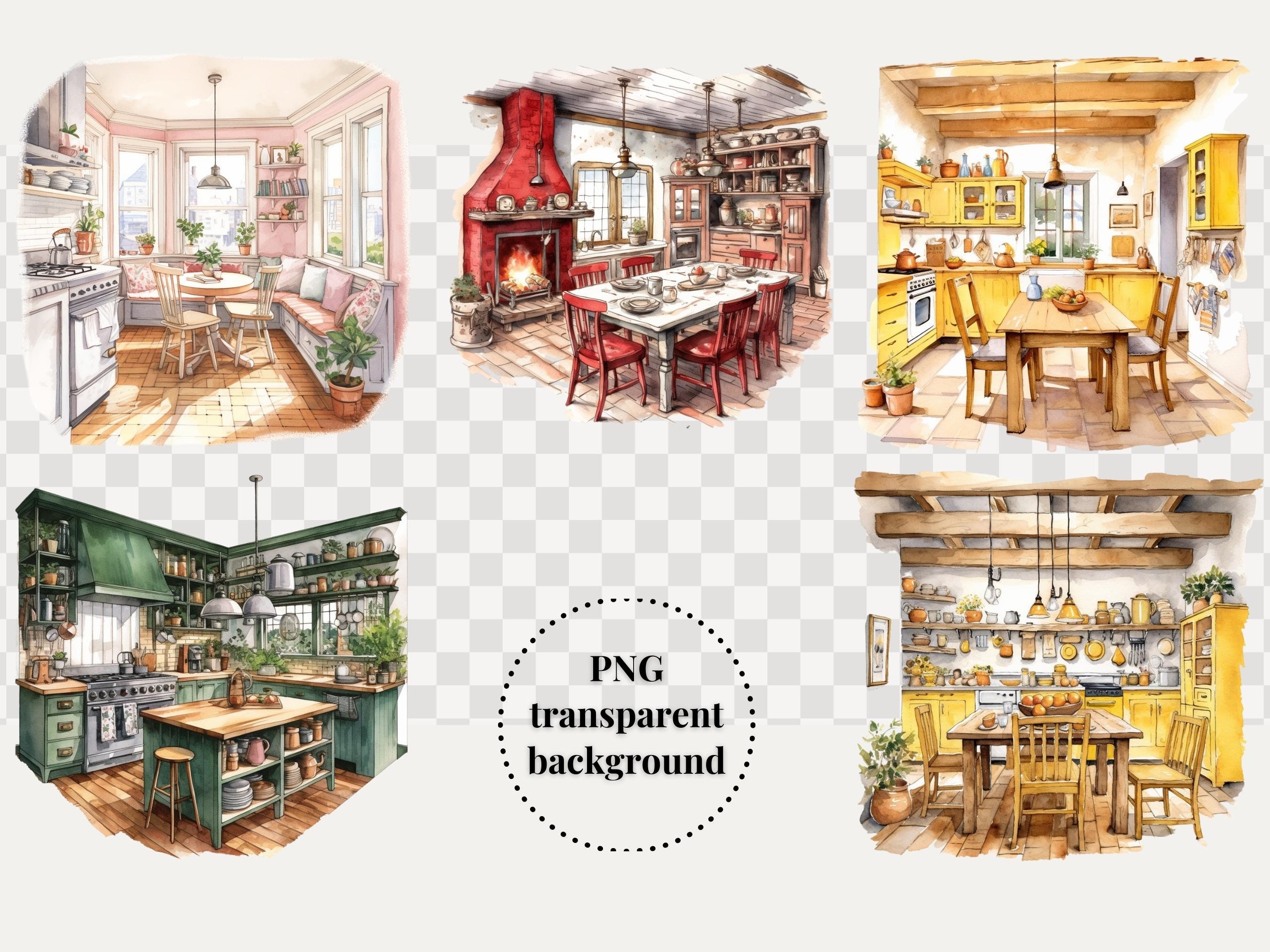 Cozy Kitchen Watercolor Clipart Bundle, Warm Home Kitchen Interior and ...