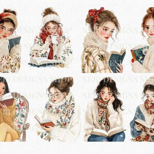 May include: Watercolor illustrations of women reading books, wearing sweaters, scarves, and hats. The images have a cozy, warm aesthetic, with soft colors and details. The illustrations evoke a sense of comfort and relaxation.