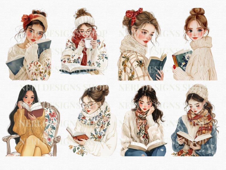 May include: Watercolor illustrations of women reading books, wearing sweaters, scarves, and hats. The images have a cozy, warm aesthetic, with soft colors and details. The illustrations evoke a sense of comfort and relaxation.