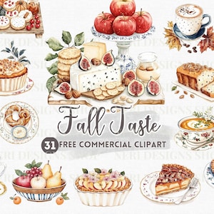 Mysig höstmat akvarell clipart, höstdryck, paj och frukt gratis kommersiell PNG, höstgodis, äpple, tårta, höstsnacks, drycker och dekorationer