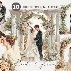 Braut und Bräutigam Aquarell Clipart Bundle Hochzeit Free kommerzielle PNG, Paar Austausch Gelübde, umarmen, Hand in Hand unter Blumenbogen Kunst