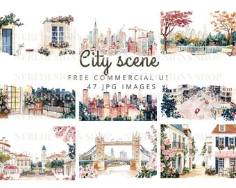 Cityscape watercolor clipart, City view free commercial JPG, urban street corner, city intersection, city park scene, city bridge graphic