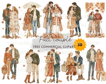 Fall Couple Clipart, Autumn Romance Watercolor PNG, Cozy Fall Love Illustrations, Cuddling Couple Set, Wedding Anniversary Clipart