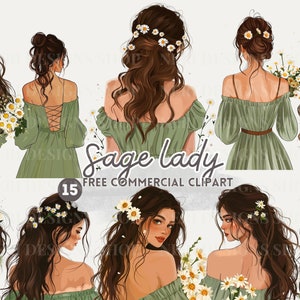 Salie bloemendame aquarel clipart Achteraanzicht vrouw, groene jurk gratis commerciële png, zijaanzicht bloemenmeisje, bloemen haarschoonheid, madeliefjevrouw