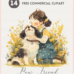 Niedliches Mädchen und Hund Aquarell Clipart Bündel, Mädchen und Haustier gratis kommerzielle png, Terrier Hund Freude, Verspielte Welpen Illustration