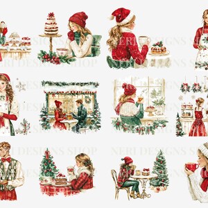 K&ouml;nnte beinhalten: Eine digitale Collage aus zehn Illustrationen, die Frauen und M&auml;nner zeigen, die winterliche Weihnachtsleckereien genie&szlig;en. Die Illustrationen sind im Aquarellstil gehalten und zeigen verschiedene Winterszenen, darunter ein Caf&eacute;, eine B&auml;ckerei und eine verschneite Stra&szlig;e. Die Illustrationen sind alle vor einem wei&szlig;en Hintergrund angeordnet.
