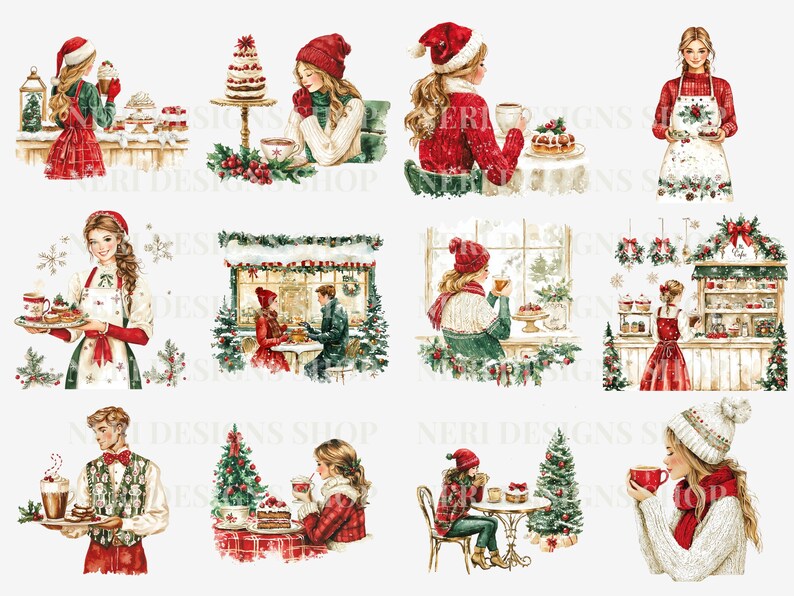 K&ouml;nnte beinhalten: Eine digitale Collage aus zehn Illustrationen, die Frauen und M&auml;nner zeigen, die winterliche Weihnachtsleckereien genie&szlig;en. Die Illustrationen sind im Aquarellstil gehalten und zeigen verschiedene Winterszenen, darunter ein Caf&eacute;, eine B&auml;ckerei und eine verschneite Stra&szlig;e. Die Illustrationen sind alle vor einem wei&szlig;en Hintergrund angeordnet.