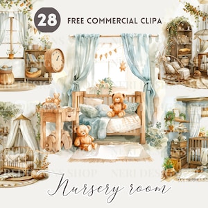Kinderkamer aquarel clipart bundel, gezellige babykamer gratis commerciële PNG, kinderkamer decor, gezellige wieg, kinderkamer illustratie voor babyshower