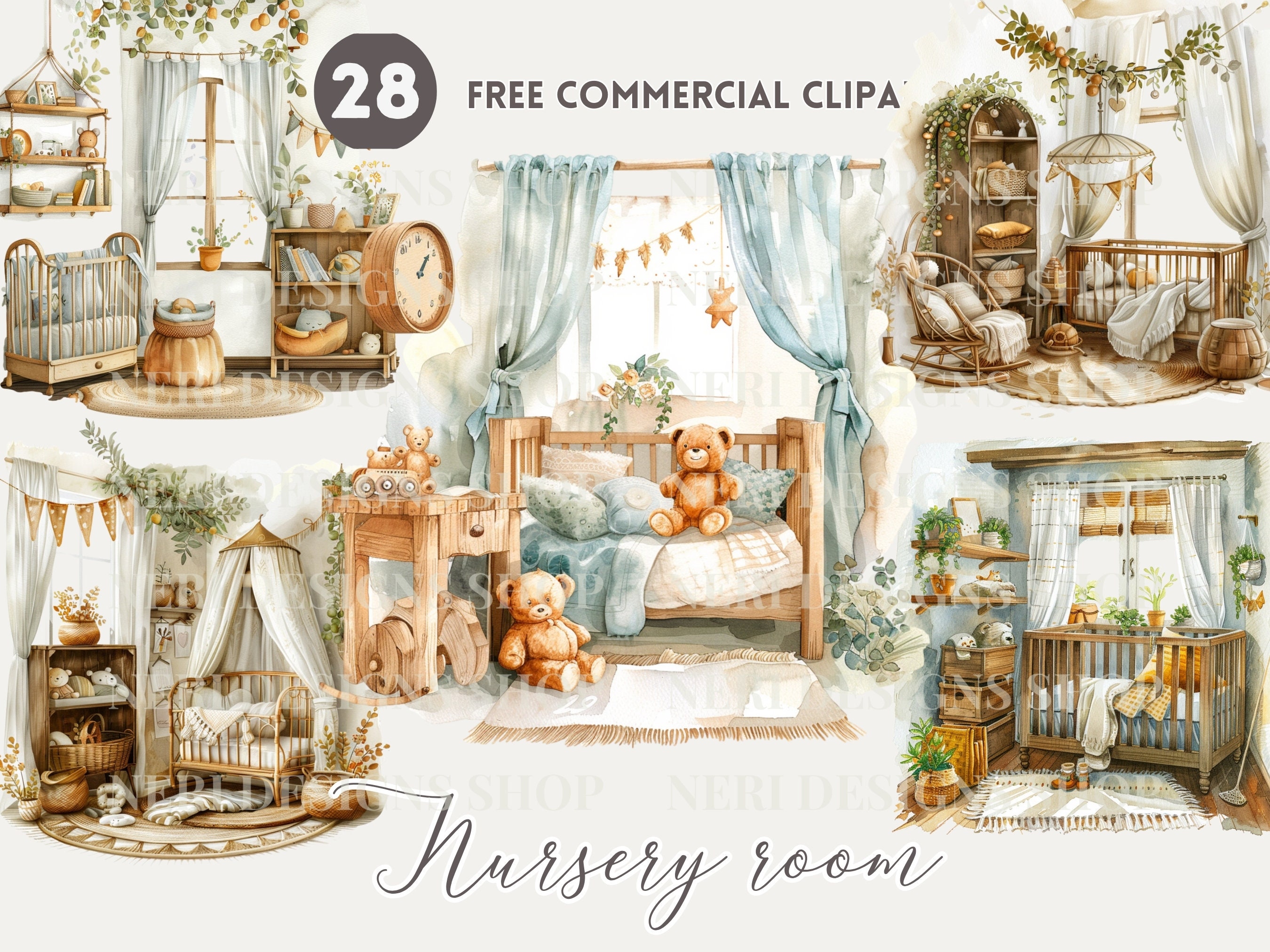 Nursery Room Watercolor Clipart Bundle, Cozy Baby Room Free Commercial ...