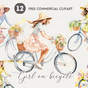 Pacchetto di clipart dell'acquerello della bicicletta di guida della ragazza romantica, insieme PNG floreale commerciale gratuito della bicicletta, donna in bicicletta nell'illustrazione di tempo di primavera
