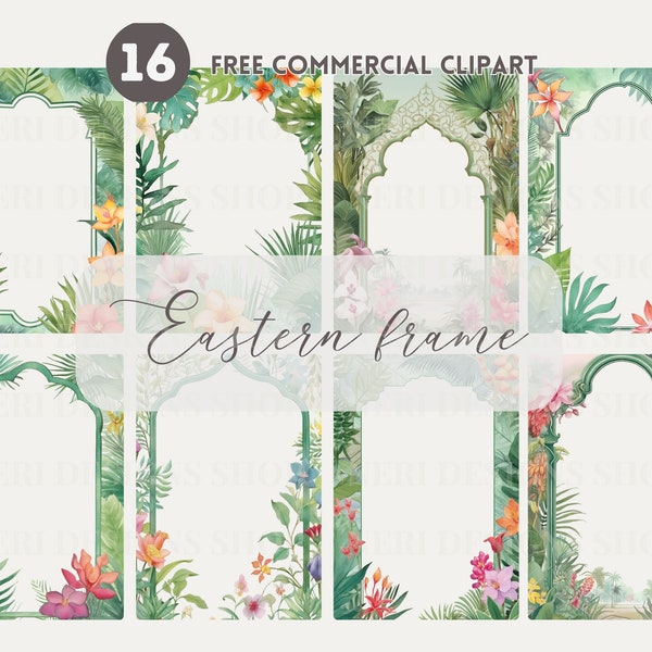 Eastern Frame watercolor clipart bundle, Botanical, tropical frame Free commercial PNG, Asian frame with palms, orchids, and flamingo