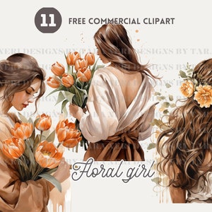 Rückansicht Blumenmädchen Aquarell Clipart Bundle, Mädchen halten Tulpenstrauß Freies kommerzielles PNG-Set,