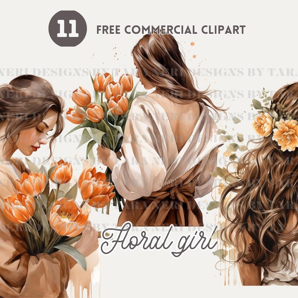 Back view floral girl watercolor clipart bundle, Girl hold tulip bouquet Free commercial PNG set, Side view girl