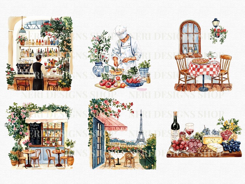 Bistro Scene Watercolor Clipart, Cozy Restaurant Free Commercial PNG ...