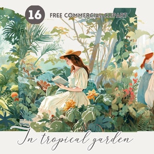 Vintage Dame im tropischen Garten Aquarell Clipart Bundle, Frau Lesen Kostenlose kommerzielle PNG, Romanze Illustration, Üppige und grüne Natur