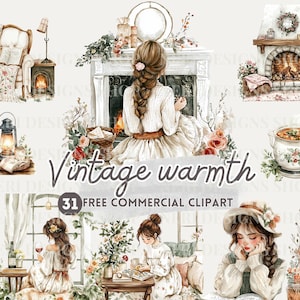 Vintage gezellig meisje aquarel clipart, meisje bij raam gratis commerciële png, klassiek thuismoment, soep, fauteuil bij open haard, warme scènekunst
