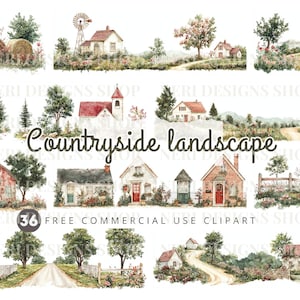 Countryside landscape Watercolor Clipart Border, Cottage, Path & Rustic Village Scene free commercial JPG, Rural Footer and Craft Border