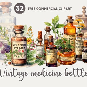 Vintage medicine bottles watercolor clipart bundle, Vintage Pharmacy, Apothecary Free commercial set, Retro Medical Remedies Illustration