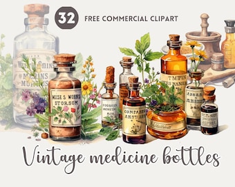Vintage medicine bottles watercolor clipart bundle, Vintage Pharmacy, Apothecary Free commercial set, Retro Medical Remedies Illustration