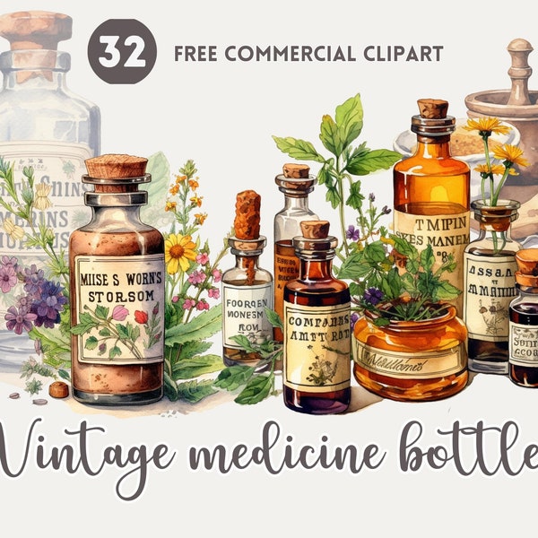 Vintage medicine bottles watercolor clipart bundle, Vintage Pharmacy, Apothecary Free commercial set, Retro Medical Remedies Illustration