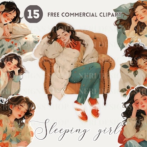 Slapen schattig meisje aquarel clipart, dommelen meisje gratis commerciële png, gezellig dutje, rusttijd, dromerige sluimerafbeelding, hoofdtelefoon bedtijd