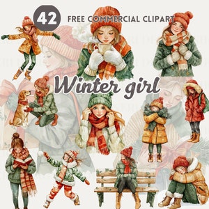 Wintermeisje poseert aquarel clipart, kerstvrouw gratis commerciële png, chique meisje en sneeuw grafisch, gezellig meisje en cacaobeker, schaatsend meisje