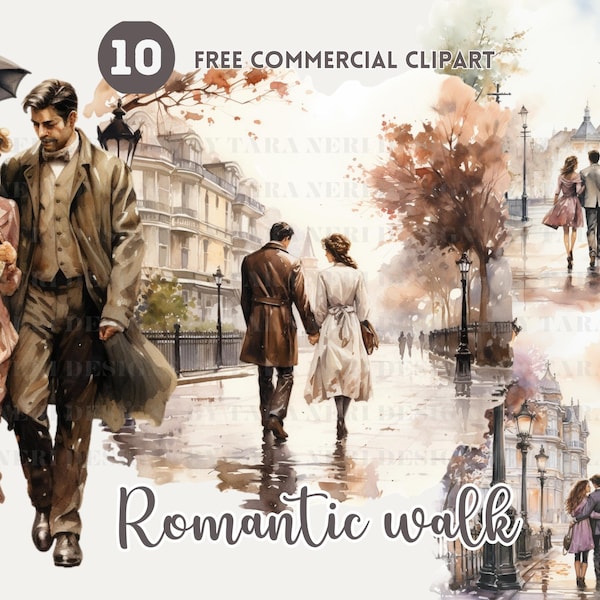Romantic Couple Strolling watercolor clipart bundle, back view couple walking on street free commercial PNG, Love Walk illustration