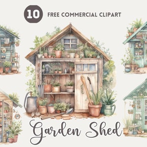 Tuinhuisje Aquarel Clipart Bundel Gratis Commercieel Cottagecore PNG Illustratie Rustiek gereedschapsschuur Instant Download Tuin houtschuurtje
