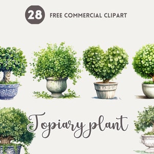Könnte beinhalten: Ein Set mit 8 Aquarell-Illustrationen von Topiary-Pflanzen in verschiedenen Formen, darunter runde, herzförmige und Bonsai-Stile. Die Pflanzen befinden sich in weißen und blauen Töpfen mit grünem Laub.