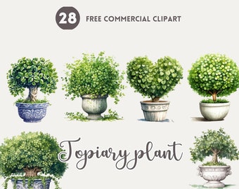 Topiary planter watercolor clipart bundle, Potted Plant Free commercial, Botanical set Green Foliage Illustration, Heart Shape Topiary