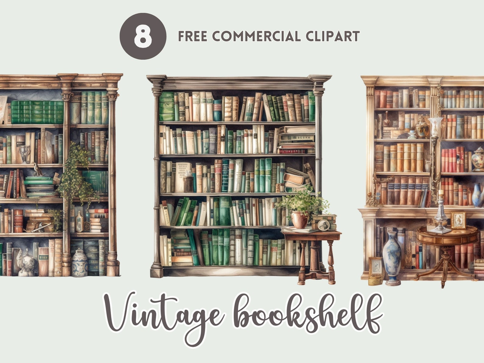 Vintage Bookcase Watercolor Clipart Bundle Bookshelf Free Etsy