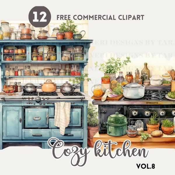 Cozy kitchen with vegetable Watercolor Clipart Bundle, shabby cooking space Free Commercial PNG, Rustic cooking corner with fresh produce