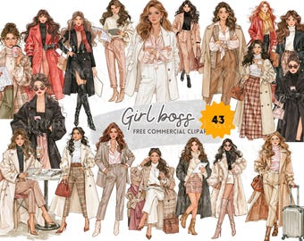 Girl Boss Clipart, Modern Winter Fall Fashion, Watercolor Business Woman in Office Outfit, Vision board Illustration