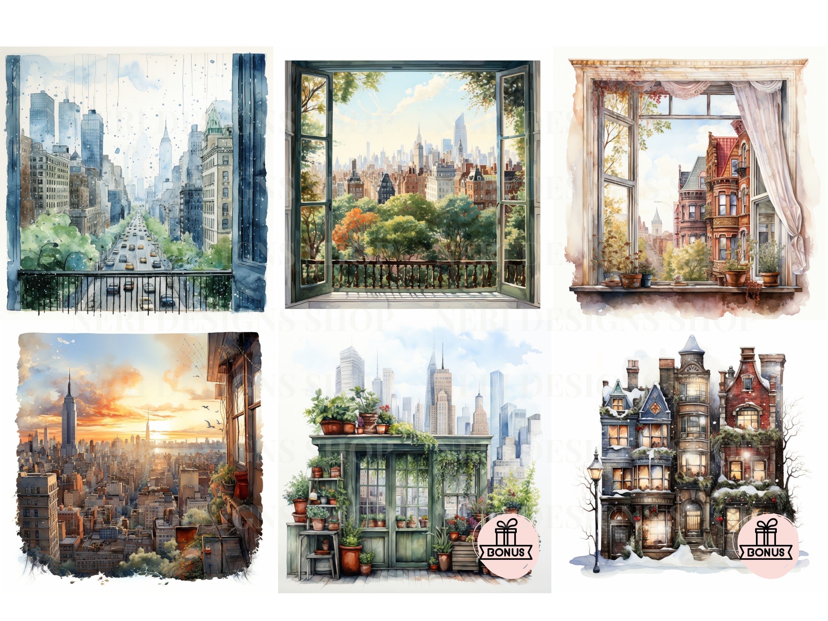 City View Window Watercolor Clipart Bundle, Urban Window Scene Free ...