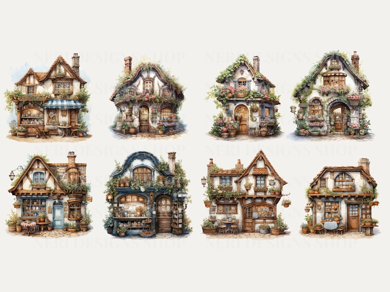 May include: Eight watercolor illustrations of charming, whimsical cottage shops with intricate details, featuring lush greenery, flower boxes, and inviting doorways.